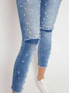 Jeansy z denimu zdobione perełkami i dżetami niebieskie