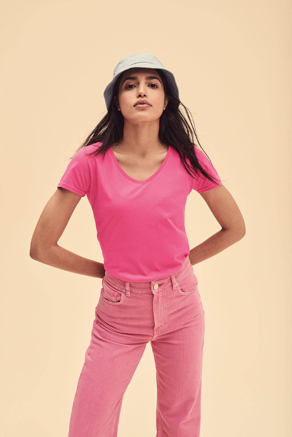 Różowa koszulka damska Iconic Vneck Fruit of the Loom