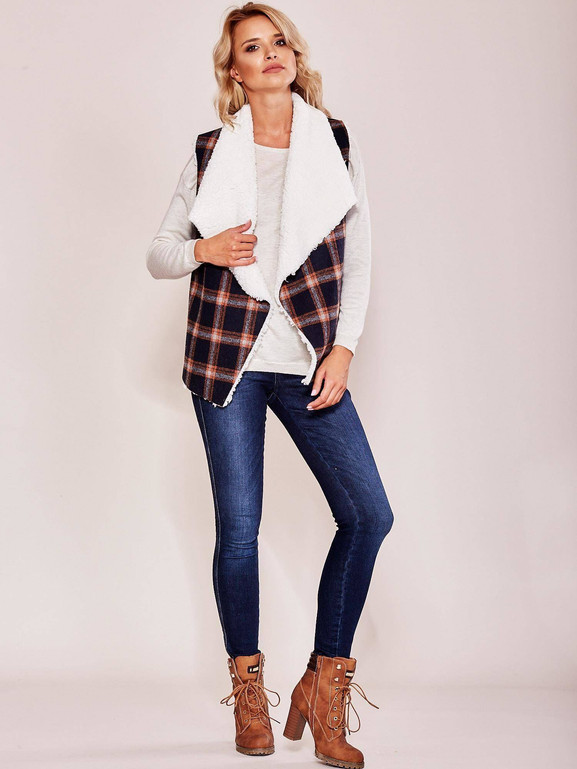 Brązowa kamizelka w kratkę z kożuszkiem