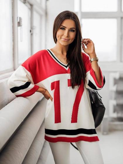 Czerwono-biały sweter z dekoltem w serek oversize Cocomore