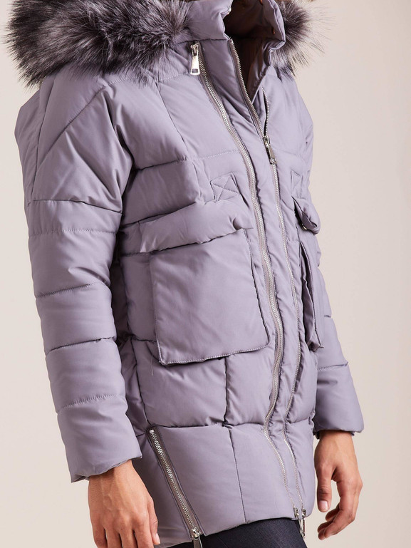 Kurtka pikowana typu puffer oversize z podwójnym zamkiem szara