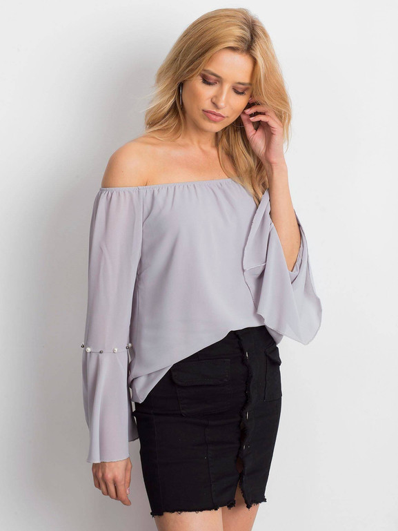 Bluzka tiulowa zdobiona perełkami przy rękawach szara