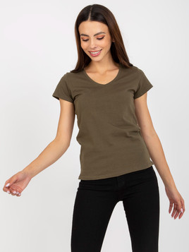 Khaki bawełniany t-shirt z dekoltem w serek 