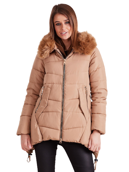 Kurtka z przedłużonymi bokami i futerkiem przy kapturze beżowa