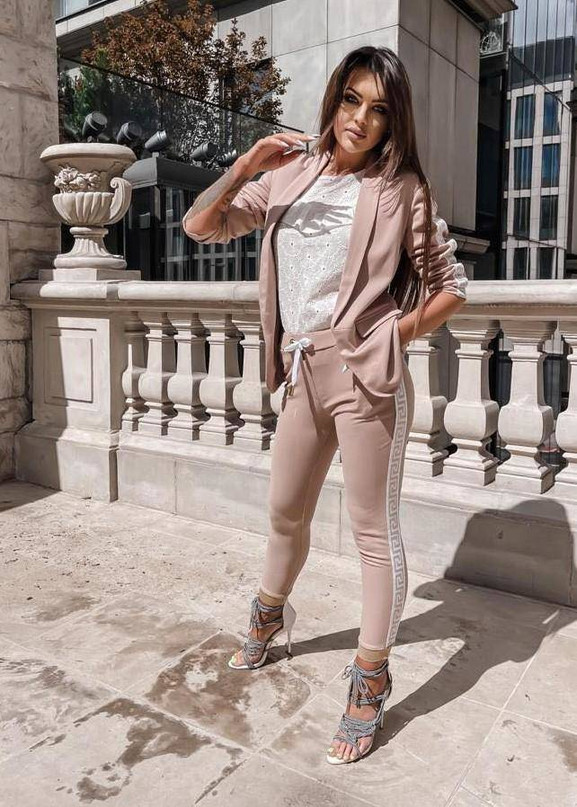 Brązowy żakiet z lampasami marszczone rękawy Cocomore