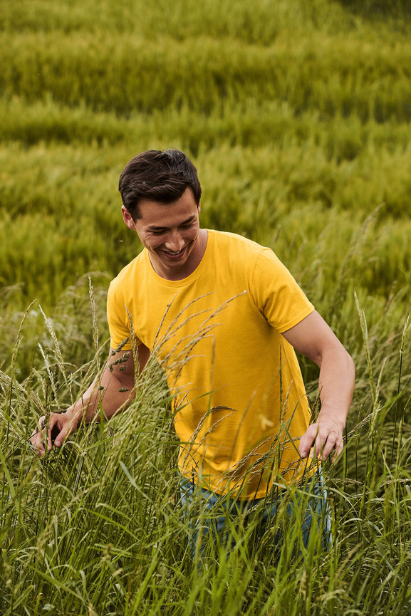 Żółta koszulka męska z czesanej bawełny Iconic rękawem Fruit of the Loom