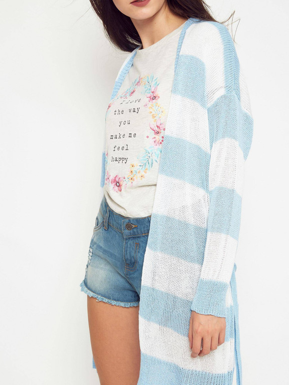 Kardigan w pasy wiązany błękitny