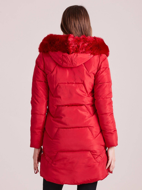 Kurtka pikowana długa z kapturem czerwona
