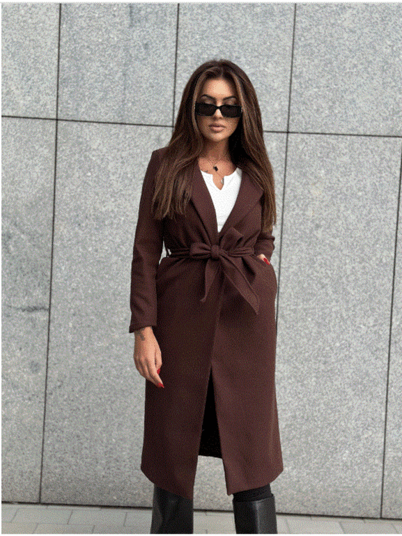 Czekoladowy klasyczny długi płaszcz wiązany Och Bella