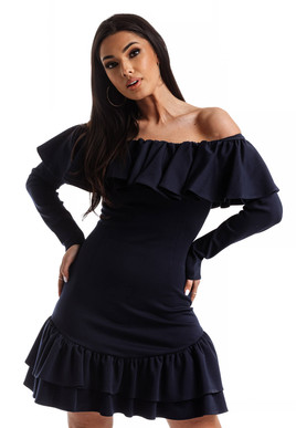 Granatowa sukienka z dekoracyjną falbaną przy dekolcie La Diva 