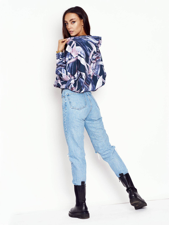 Granatowa bluza oversize z kapturem roślinne printy Cocomore