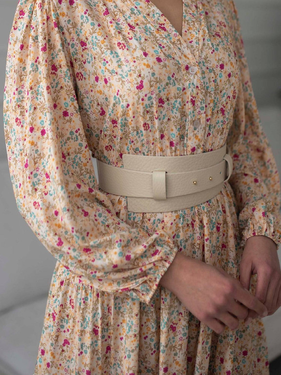 Ecru sukienka w kwiatuszki z falbanką LeMonada