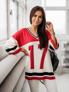 Czerwono-biały sweter z dekoltem w serek oversize Cocomore