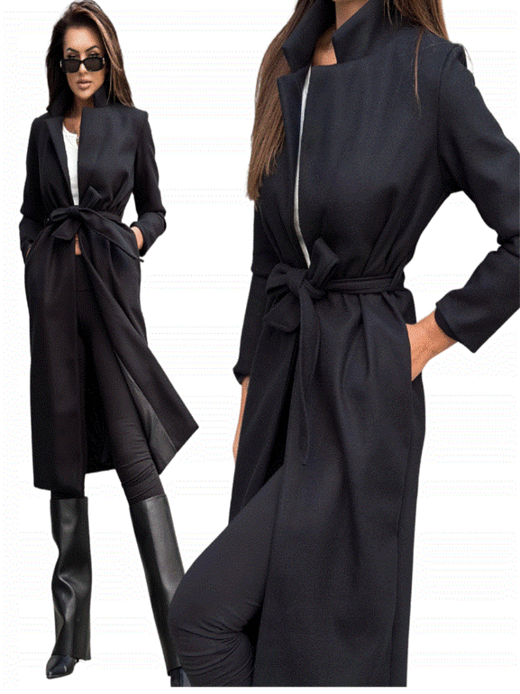 Czarny klasyczny długi płaszcz wiązany Och Bella