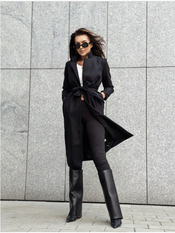 Czarny klasyczny długi płaszcz wiązany Och Bella