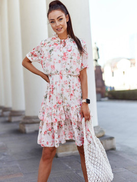 Biała sukienka w kwiaty falbany Yups