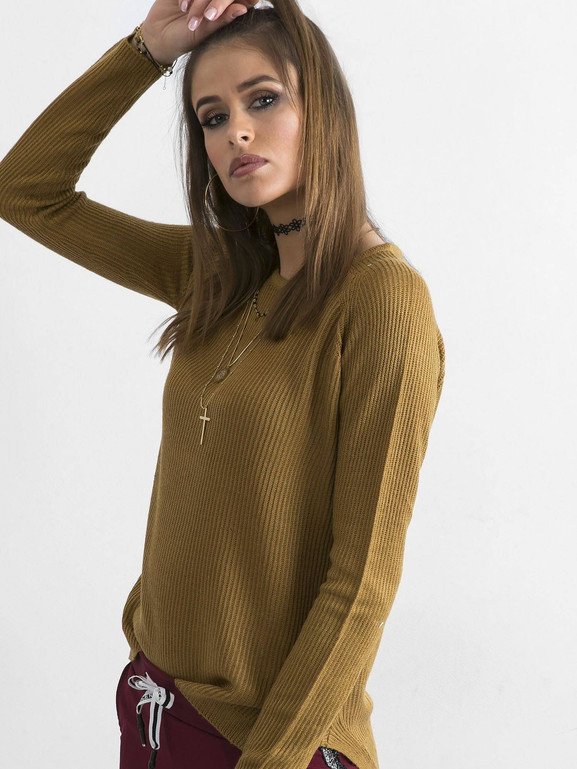 Sweter cienki w prążki musztardowy