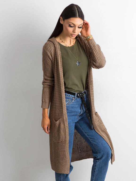 Kardigan cienki z kapturem brązowy