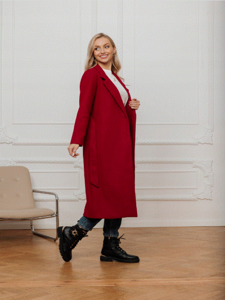 Bordowy klasyczny długi płaszcz wiązany Och Bella