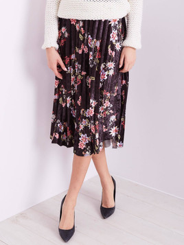 Spódnica welurowa zdobiona nadrukiem w kwiaty czarna