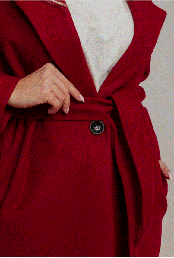 Bordowy klasyczny długi płaszcz wiązany Och Bella