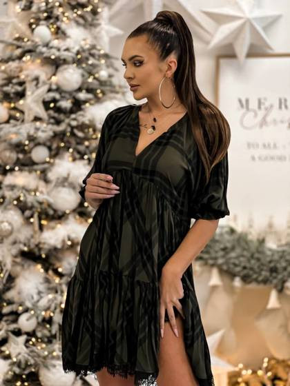 Zielona sukienka w czarną kratkę Cocomore