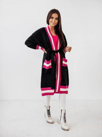 Czarny kardigan wiązany różowo czarne wykończenia Cocomore