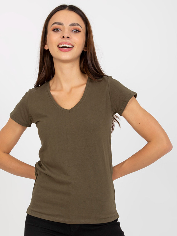 Khaki bawełniany t-shirt z dekoltem w serek
