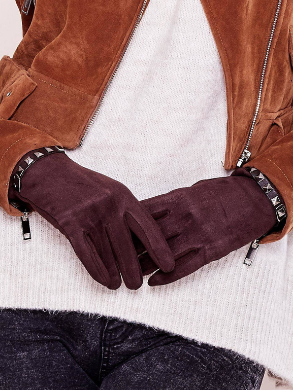 Rękawiczki dotykowe z ozdobnym paskiem brązowe
