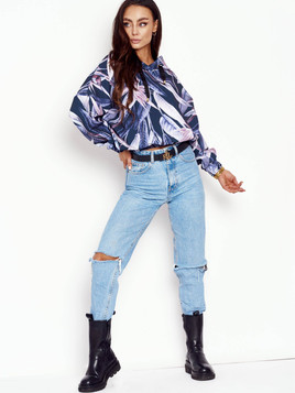 Granatowa bluza oversize z kapturem roślinne printy Cocomore