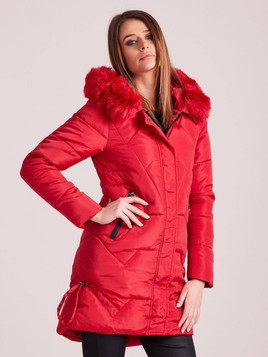 Kurtka pikowana długa z kapturem czerwona