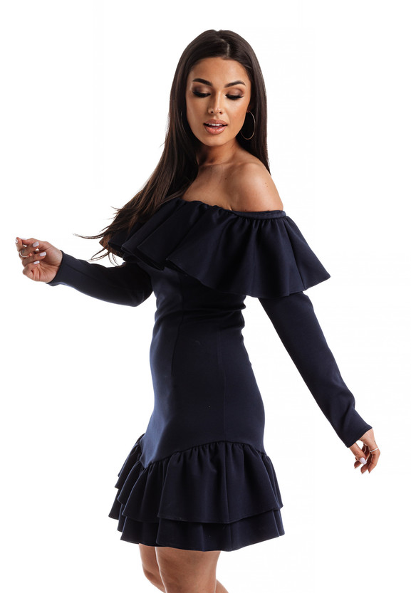 Granatowa sukienka z dekoracyjną falbaną przy dekolcie La Diva