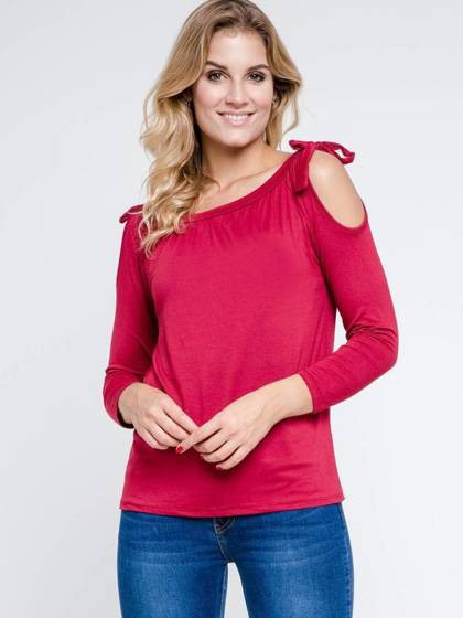 Bluzka cold shoulders z kokardkami na ramionach bordowa