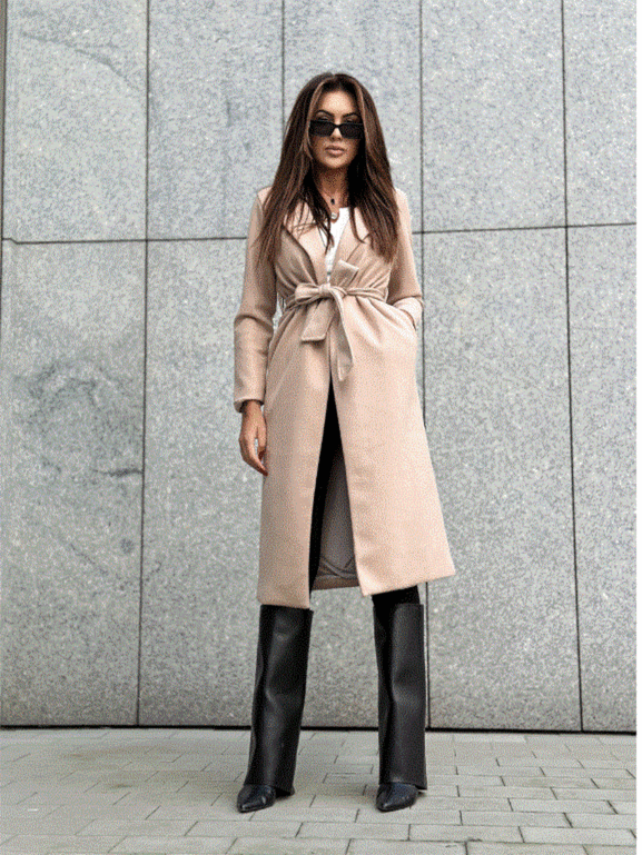 Beżowy klasyczny długi płaszcz wiązany Och Bella