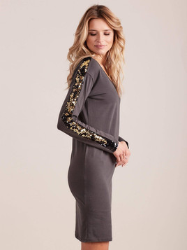 Sukienka zdobiona cekinami wzdłuż rękawów antracyt