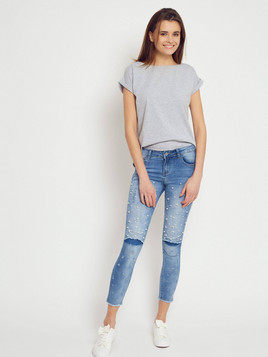 Jeansy z denimu zdobione perełkami i dżetami niebieskie