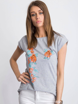 T-shirt zdobiony nadrukiem kwiatów szary