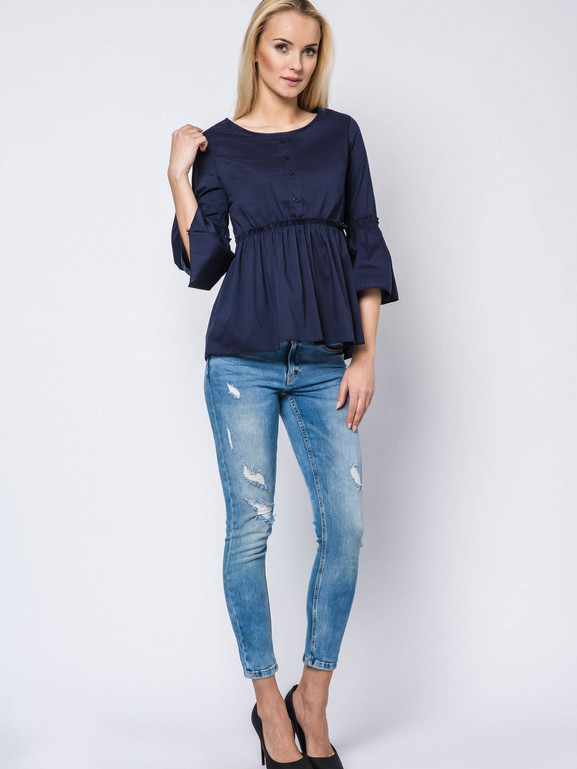 Bluzka z falbanką i sznurowanym dekoltem granatowa