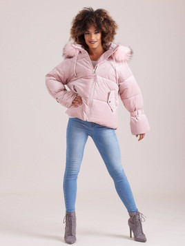 Kurtka typu puffer z weluru krótka różowa