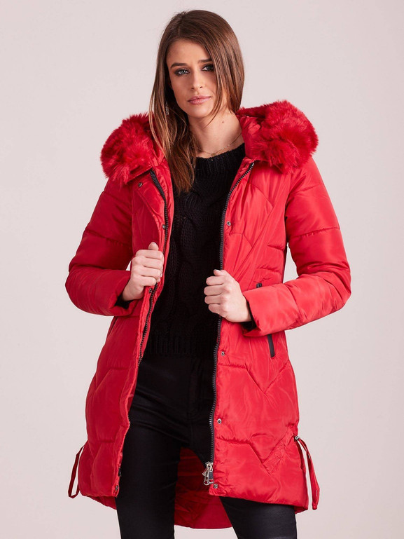 Kurtka pikowana długa z kapturem czerwona