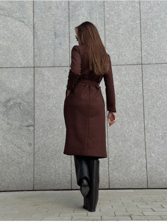 Czekoladowy klasyczny długi płaszcz wiązany Och Bella