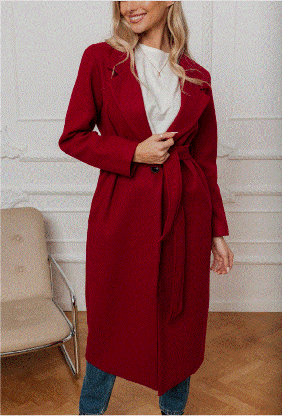 Bordowy klasyczny długi płaszcz wiązany Och Bella