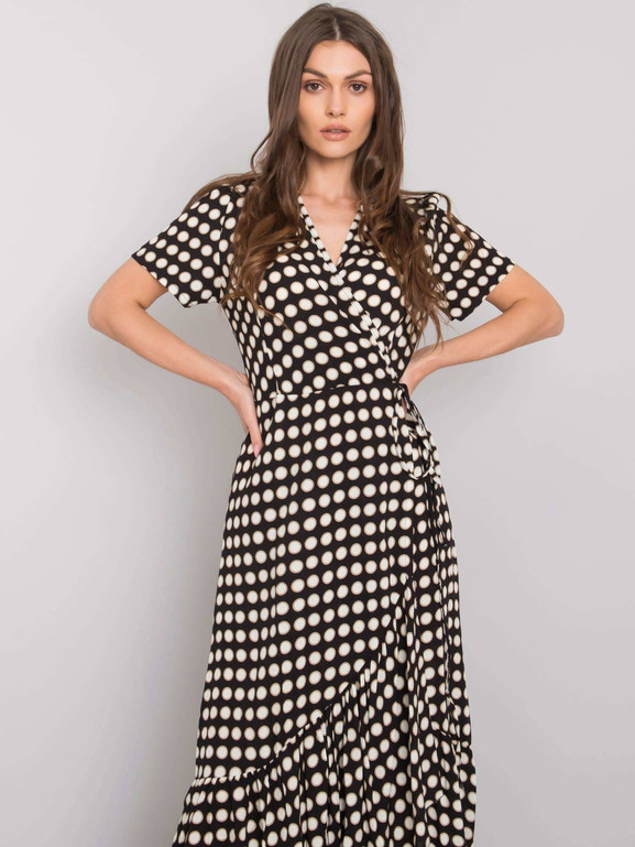 Czarna sukienka maxi groszki kopertowy dekolt Yups