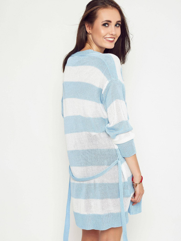 Kardigan w pasy wiązany błękitny