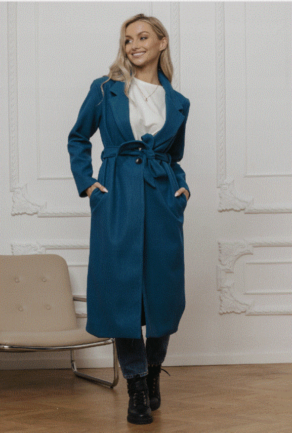 Morski klasyczny długi płaszcz wiązany Och Bella