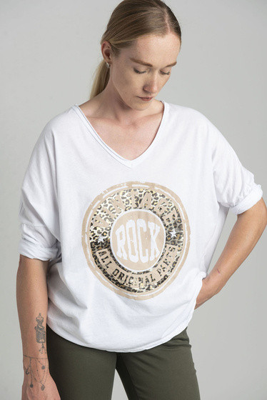 Biała bluzka oversize z błyszczącym nadrukiem