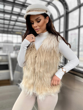 Beżowa kamizelka damska z futerka  z długim włosem Yups