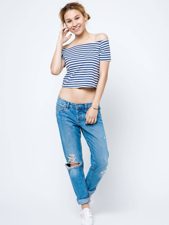 Bluzka krótka z dekoltem carmen biała w granatowe paski