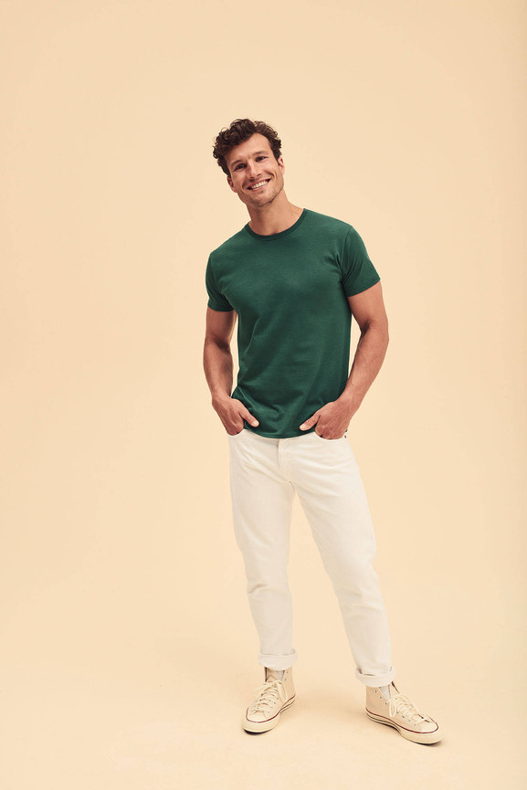 Zielona koszulka męska z czesanej bawełny Iconic rękawem Fruit of the Loom