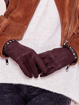 Rękawiczki dotykowe z ozdobnym paskiem brązowe